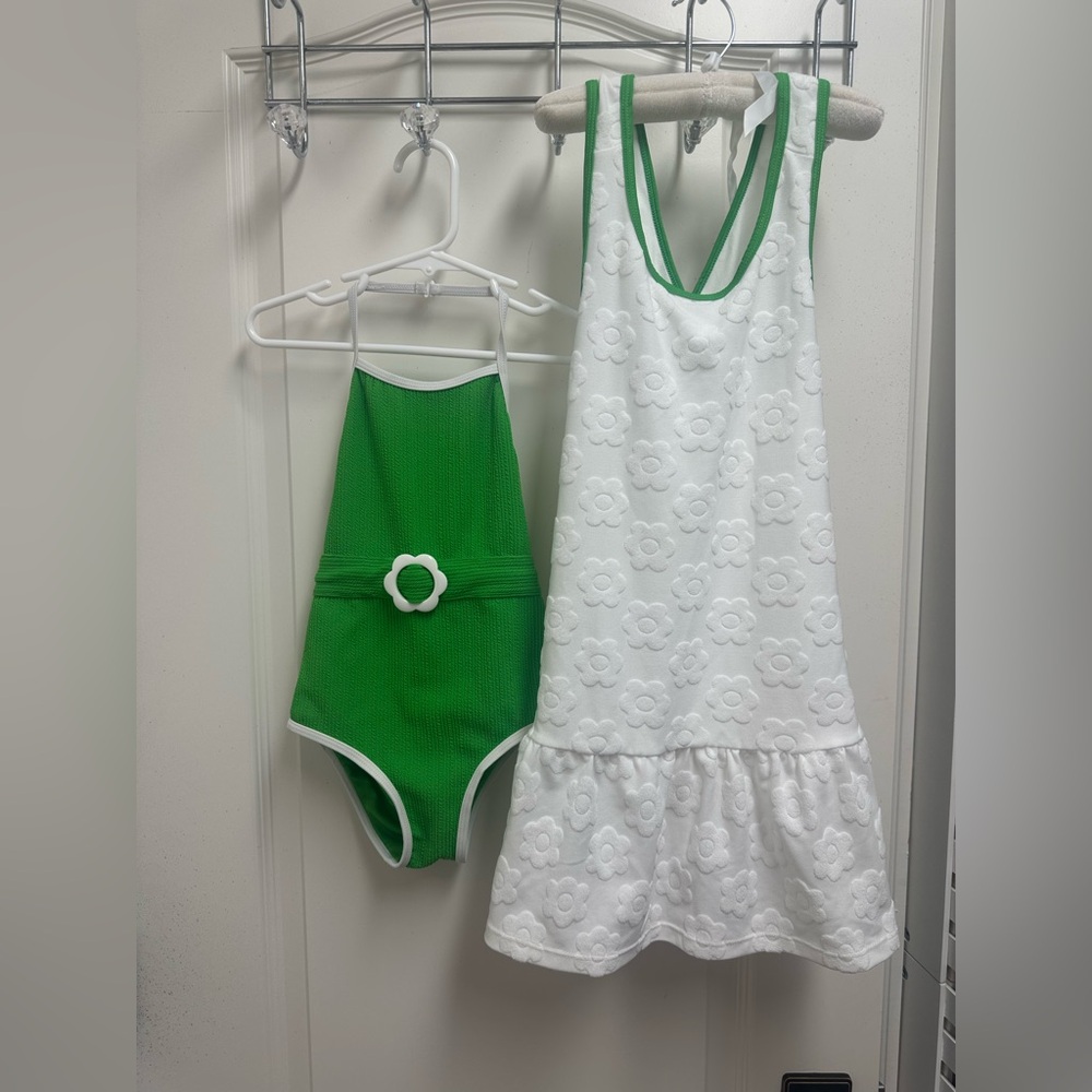 Flapdoodles Green & White One Piece Halter Swimsuit & Terrycloth Coverup SZ 4/5